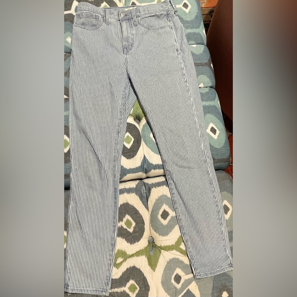 Madewell pin stripe high-rise skinny jeans.